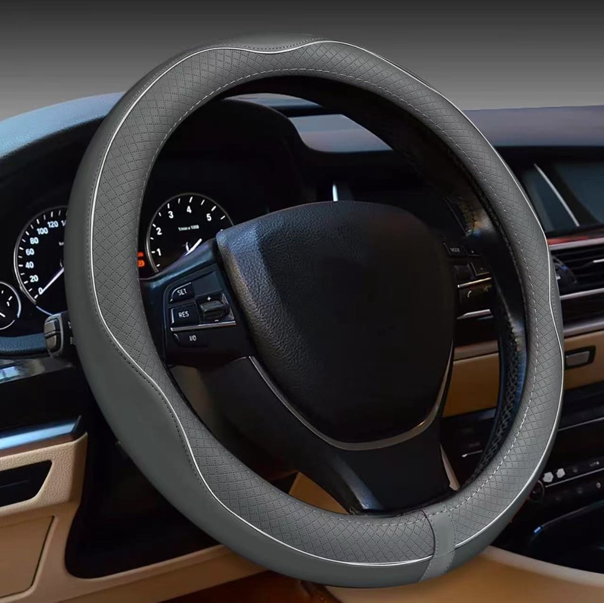 Stuurhoes voor Auto - Antislip, Veilig, Zacht, Ademend, Robuust, Dik, Volledig Omsluitend - Sportief Ontwerp - Grijs en Wit