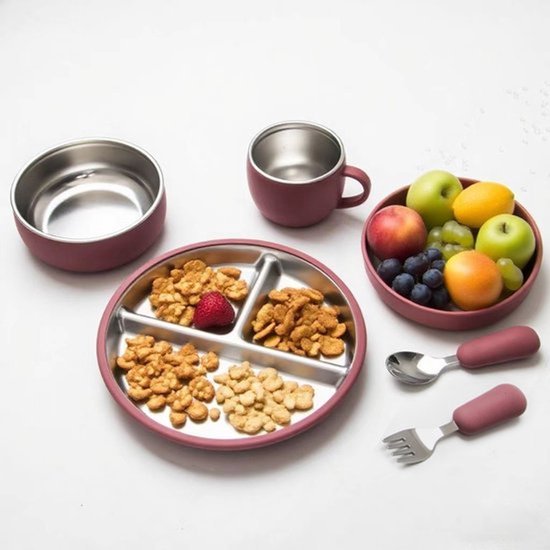 5 stuks -Kinderbord -Babybord van roestvrij staal -BPA-vrij -Antislip -Onbreekbaar -Uitneembaar -Geschikt voor kinderen van 1-3 jaar -Inclusief bord, kom, beker, vork, lepel -Rozerood van Green Crocodile — afbeelding 5