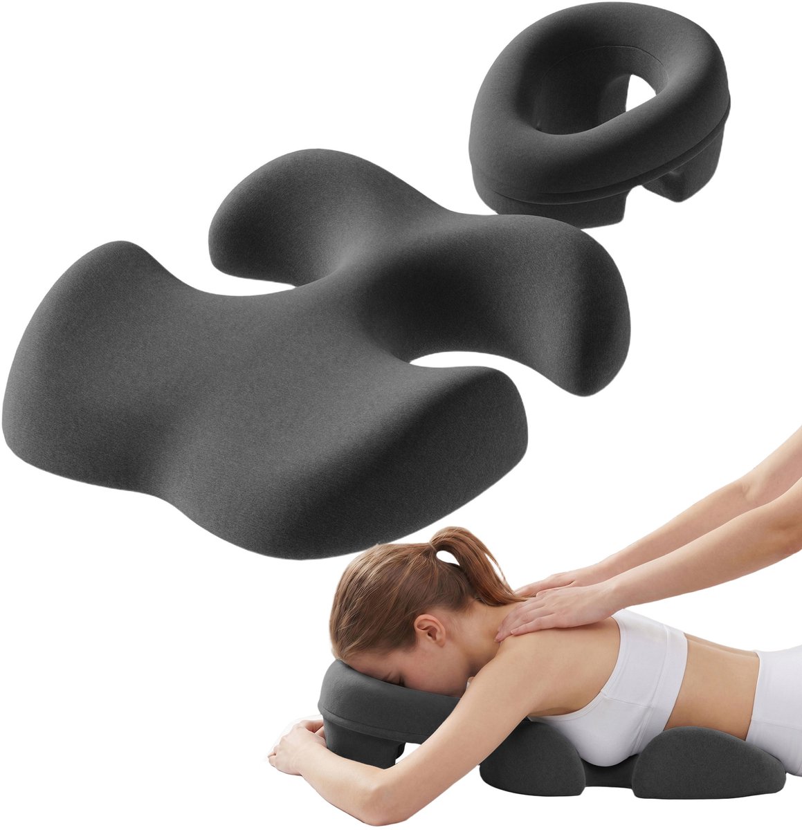 MIVRAY Massagekussen 2-Delig 30 x 16 x 16 cm Traagschuim Donkergrijs Met Gezichtsuitsparing Voor Buikslapers En Massage