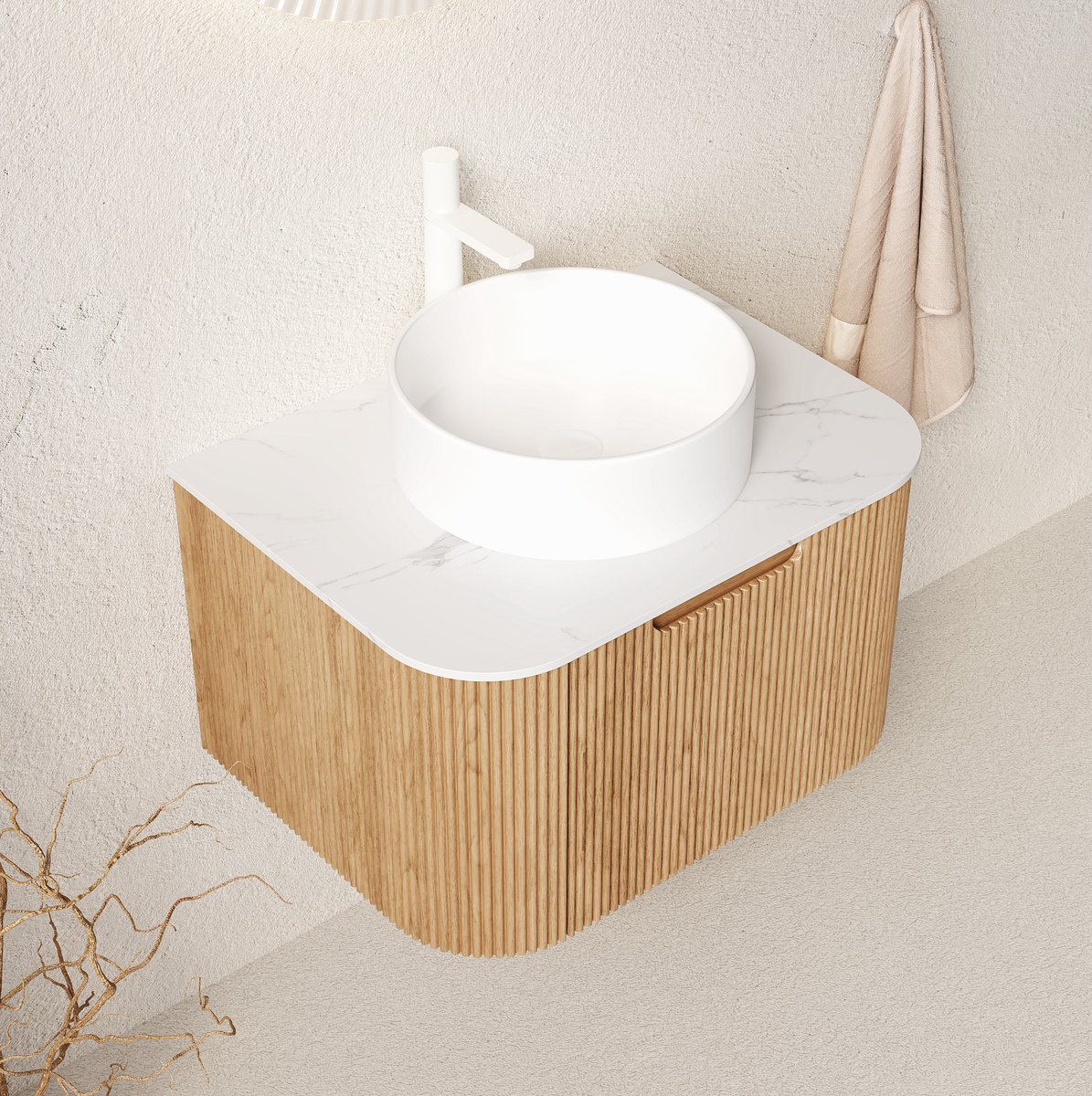 MODENUIT Badkamerkast - Wandmodel Met Keramische Waskom En Steenlook Blad - Natuurlijk Hout En Wit - 61 Cm