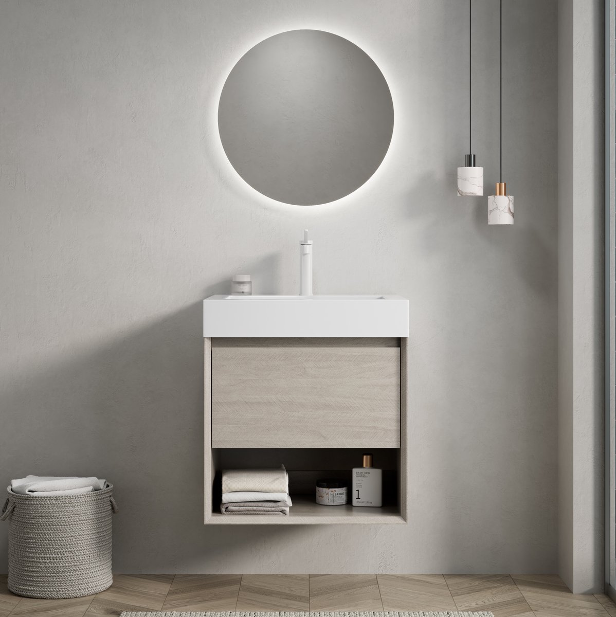 MODENUIT Badkamermeubel - Wandhangend Wastafelmeubel Met 1 Lade En Open Vak - Voor Kleine Badkamers - Multiplex En Resin - 55 Cm - Licht Eiken En Wit