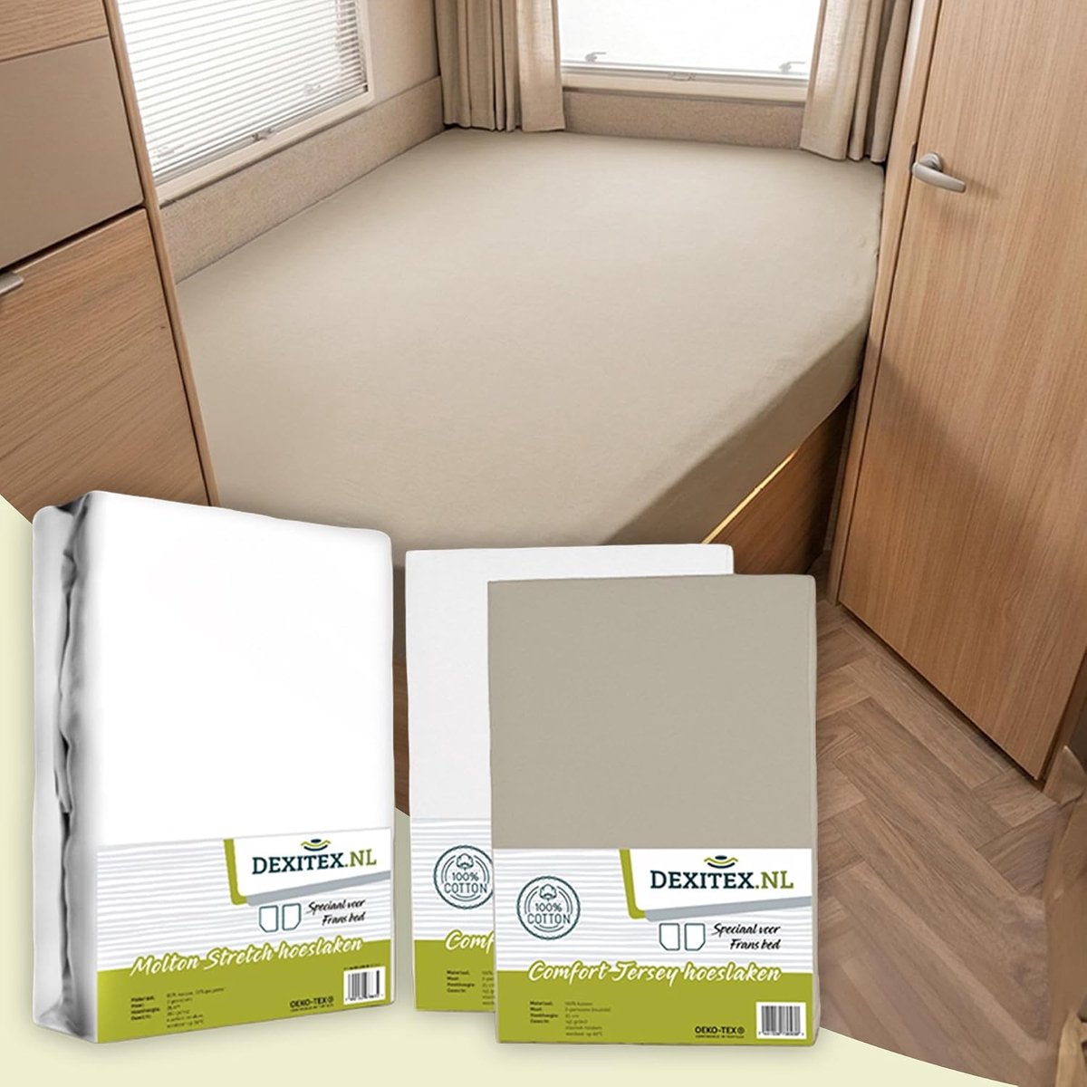 Spannbettlaken Wohnmobil 3er Set - 125-155cm x 200cm - 1 Sand + 1 Wit - Matratzenschoner Rechts - ShopVlot