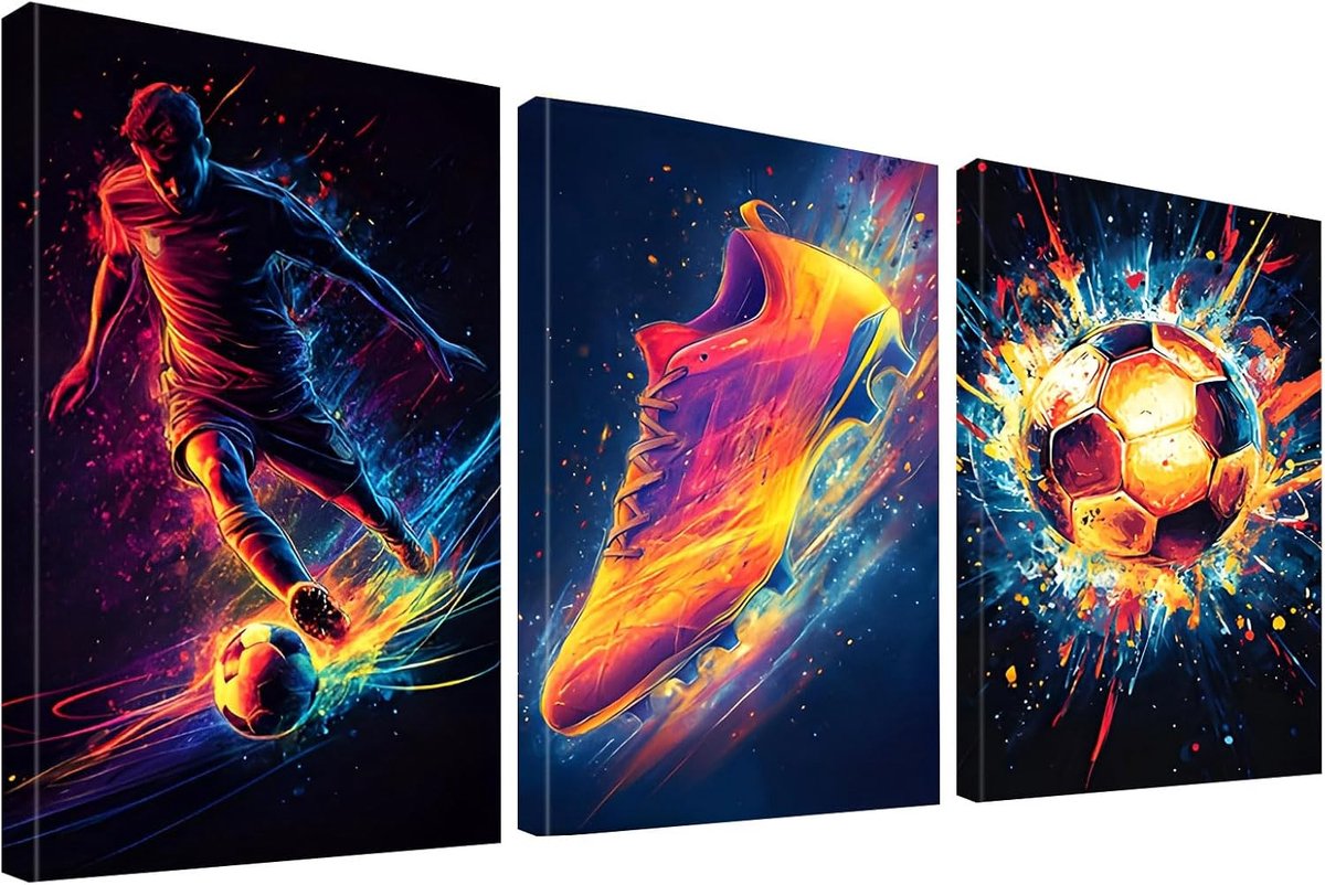 Voetbalwandafbeeldingen 30 x 40 cm - Neon met lijst - Set van 3 - Perfect voor voetbalfans - ShopVlot