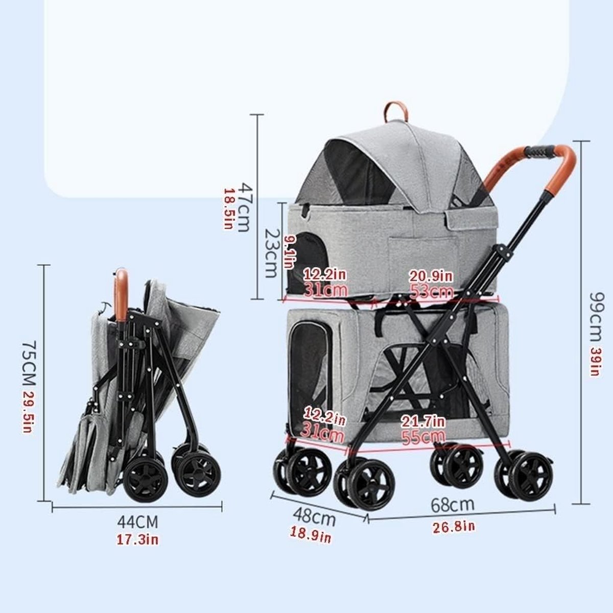 Opvouwbare Huisdieren Kinderwagen - Reisdrager Trolley - Huisdieren Uit Laten - Dubbellaags Afneembare Kooi - 68x48x105 cm - Blauw