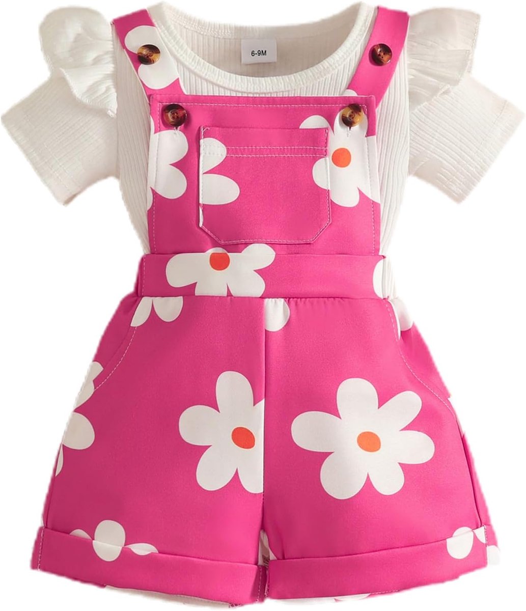 Baby meisjes zomerkledingset - Rimpel korte mouwen top - Bloemen tuinbroek met zak - Ideaal voor zonnige dagen - SnelShoppen