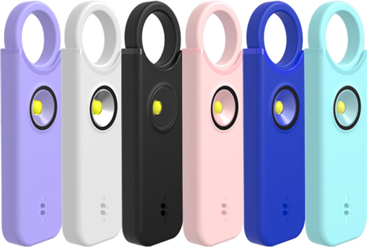 LISM-Set van zes persoonlijke veiligheidsalarmen met LED-flitslichten, oplaadbaar via USB-C, deur- en raamalarmen – compact en lichtgewicht met karabijnhaken.