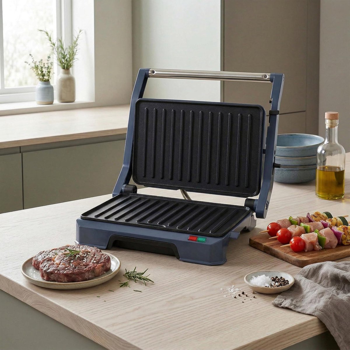 Gezondheidsgrill - Elektrische grill - Snelle maaltijden - 180 graden opening - 23 x 14.5cm - Blauw