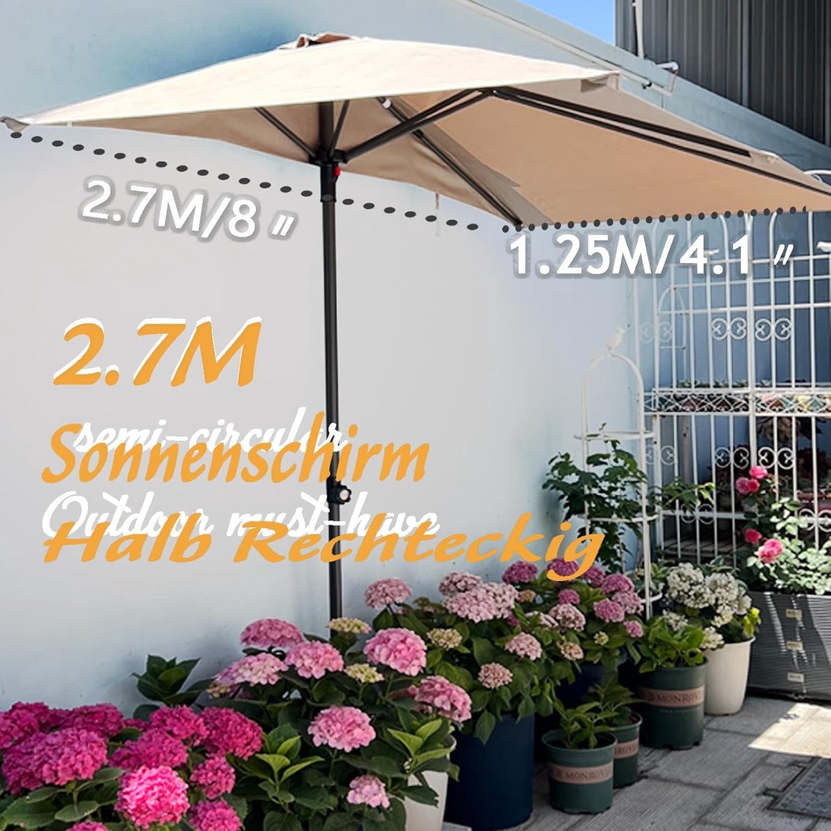 Half parasol 2.7m - semi-cirkelvormig - UV-bescherming - ideaal voor balkon en patio - SnelShoppen