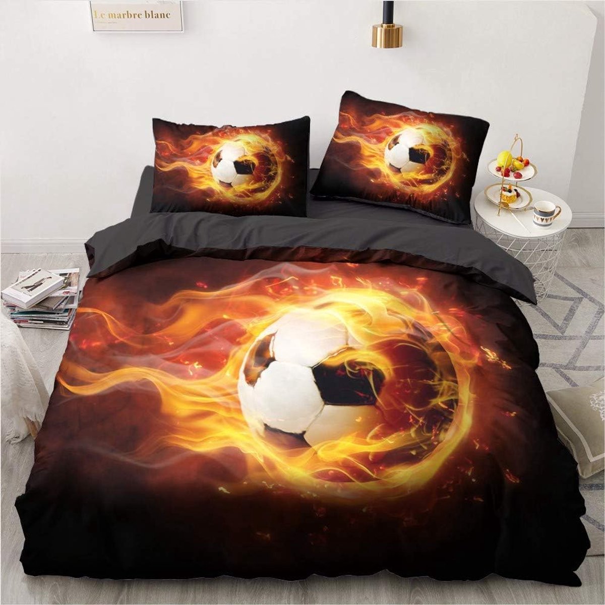 Dekbedovertrek voetbal 155 x 220 cm - oranje vlam microvezel - zacht en ademend - voor jongens en tieners - SnelShoppen