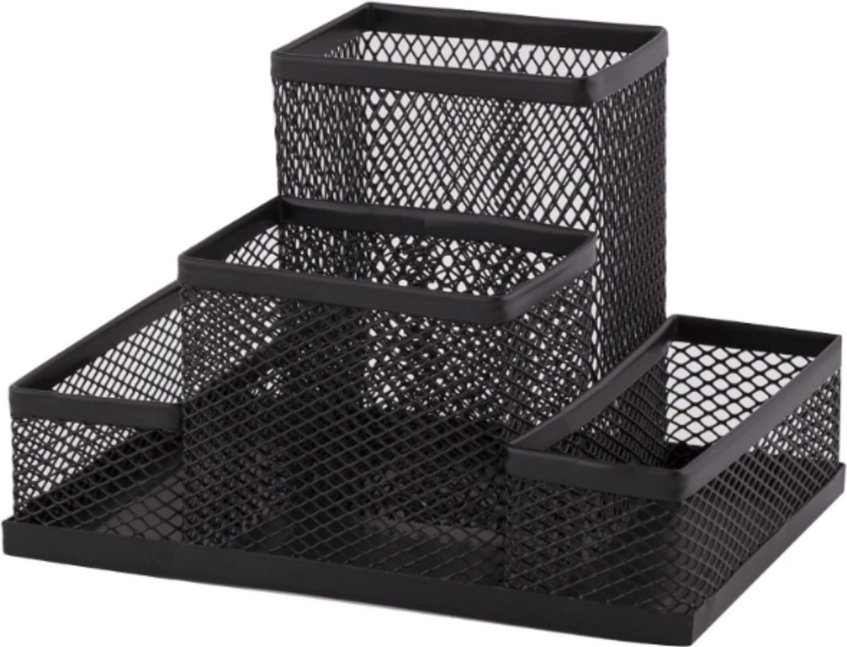 Bureaupennenhouder - Metalen kantoororganizer - Bureau-opbergrek - Kantoorplank met notitieboekvak, 200 x 100 x 95 mm, zwart