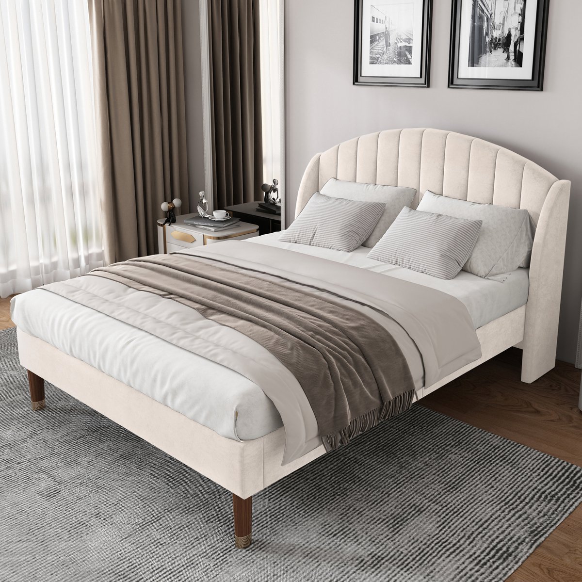 Bedframe 140x190 cm Crème Fluweel, Gestoffeerd Bed met Zacht Hoofdbord en Stevige Lattenbodem