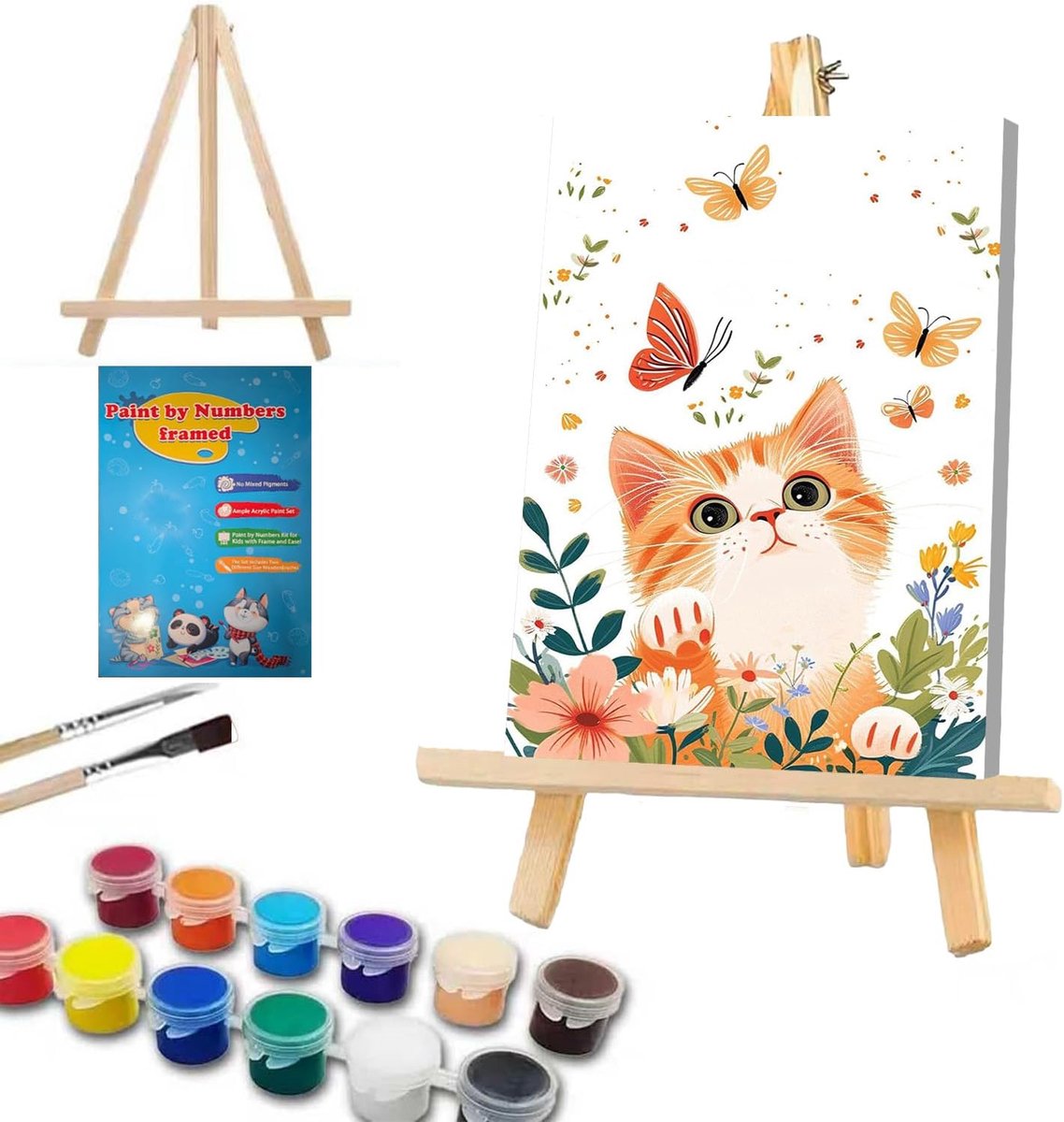 Schilderen op nummers voor kinderen - Kat met houten lijst - Inclusief houten easel - SnelShoppen