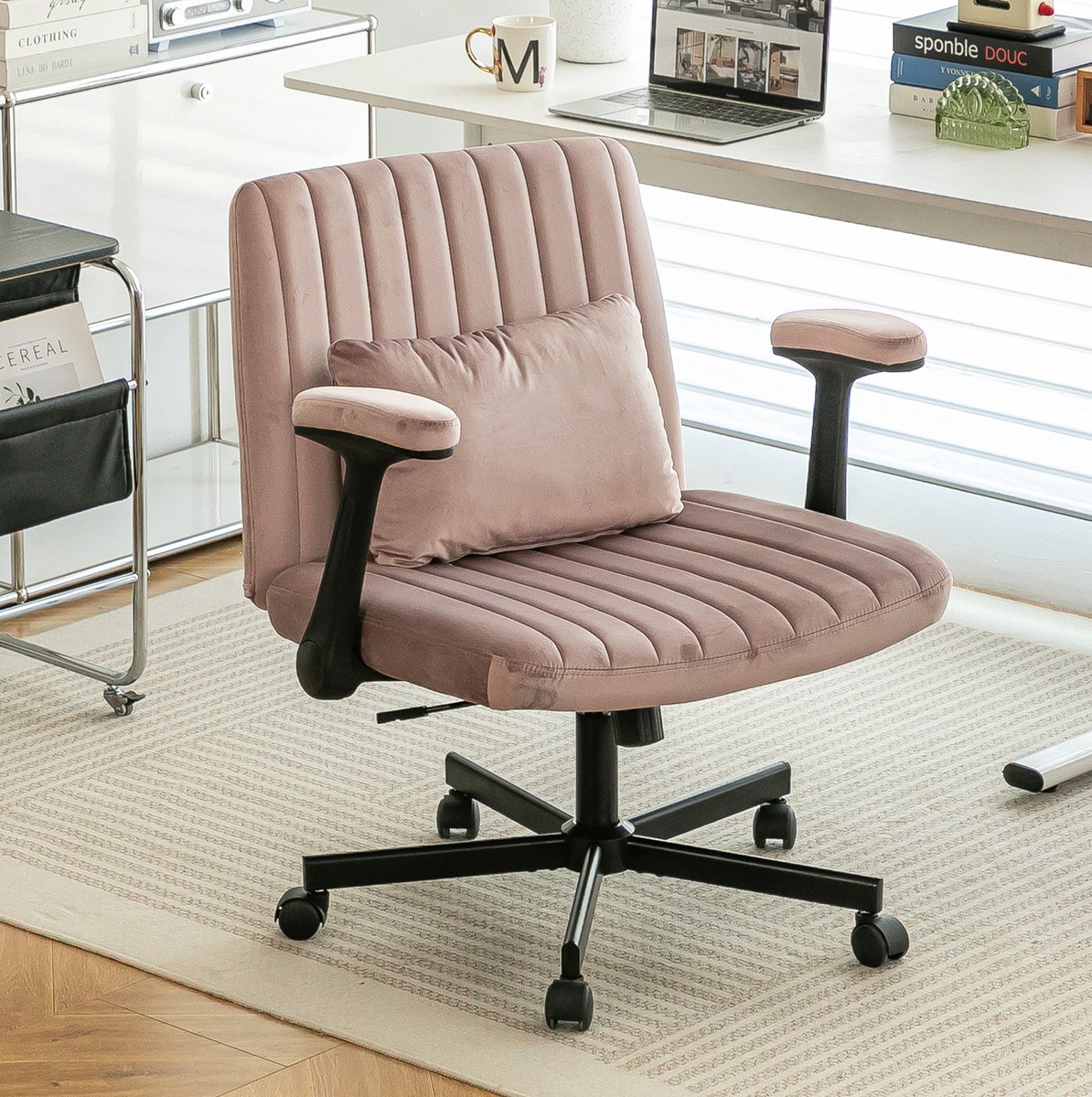 COVREO Bureaustoel 70 cm roze, velvet met verstelbare armleuningen