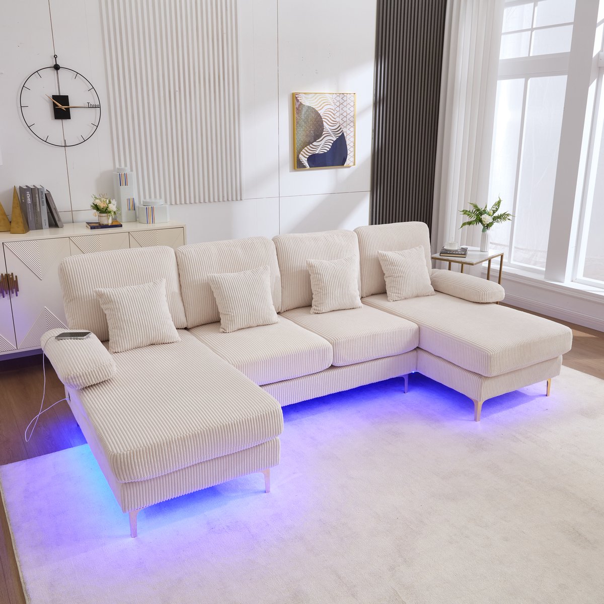 MEUNIQ U-bank 265 x 135 x 88 cm met LED-ambienteverlichting, USB-poort, 4 kussens en ergonomische rugleuning voor de woonkamer, beige
