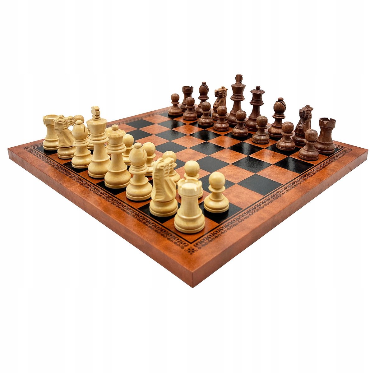Italiaans Houten Schaakspel Klassiek 7,6 cm met Eco-Lederen Bord 33x33cm