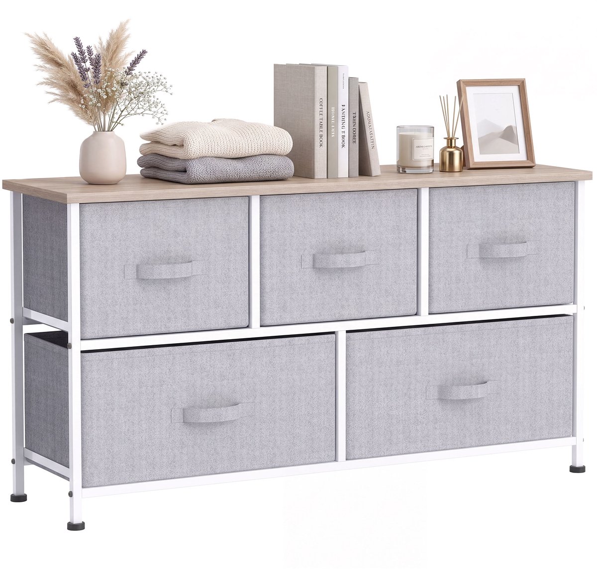Sogiol® Ladekast met 5 Stoffen Laden - Ladekasten - Opbergkast - Slaapkamerkast - Metalen Frame - 100 x 30 x 54 cm - Grijs