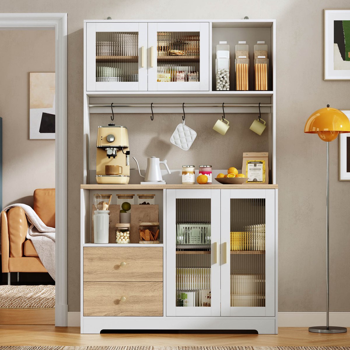 VVBV Buffetkast 110x40x178 cm - 5 Haken, Wijnrek, App-Bediening, Opbergruimte - Naturel/Wit, MDF