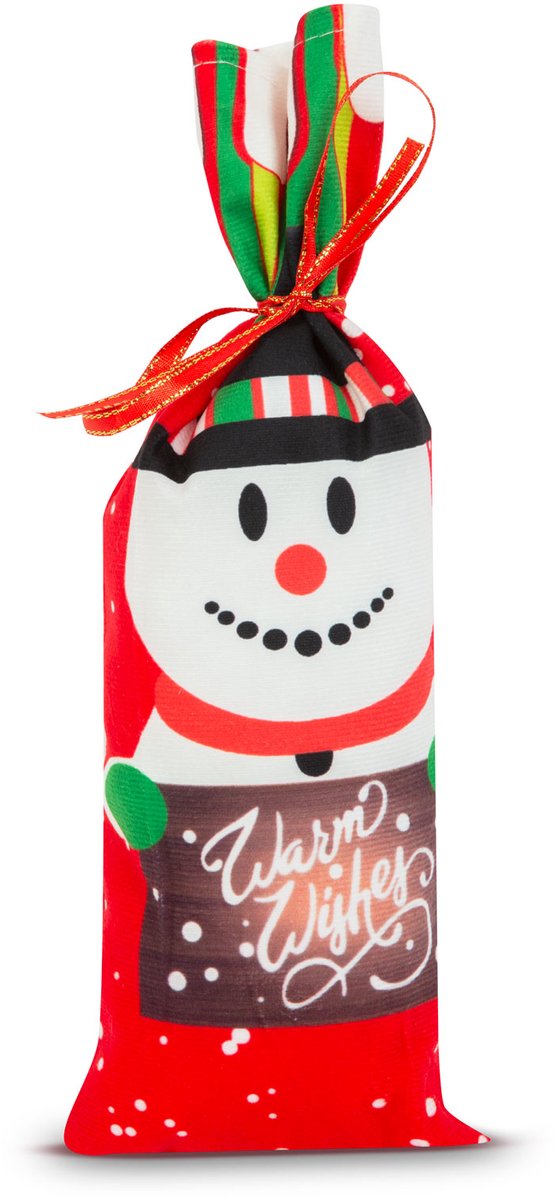 Kerst drankfleshouder met lint - Sneeuwpop - polyester - 32 x 12,5 cm 1 Stuks [58727B]