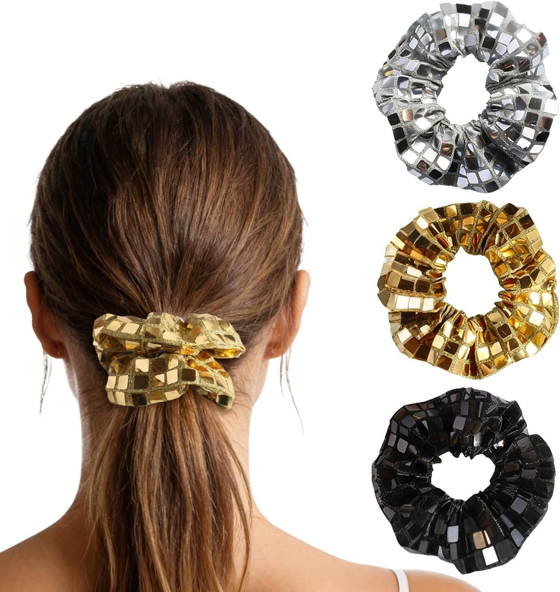 Haarscrunchies set van 3 - Metallic met pailletjes - Zwart, goud, zilver - Perfect voor retro thema feesten - ShopVlot