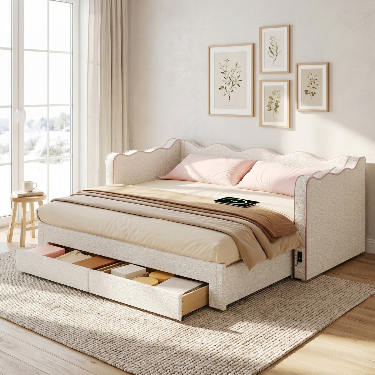 VVBV Bedbank 90x200 cm - Uitschuifbaar, USB & Type-C, Opbergruimte, 2 Lades - Beige, Bouclé
