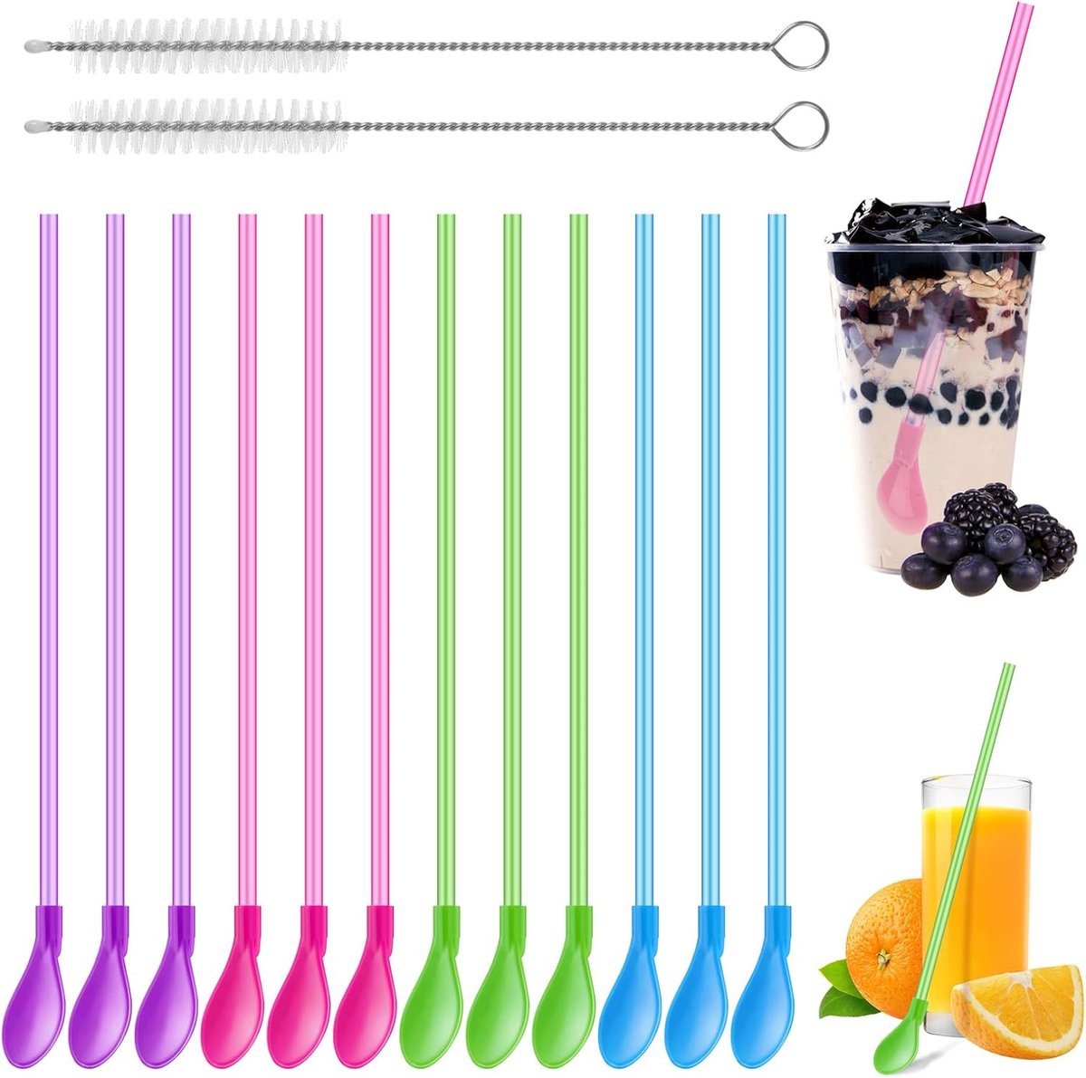 Straws met lepel 12 stuks - herbruikbaar kunststof - met 2 reinigingsborstels - ideaal voor latte en milkshakes - ShopVlot