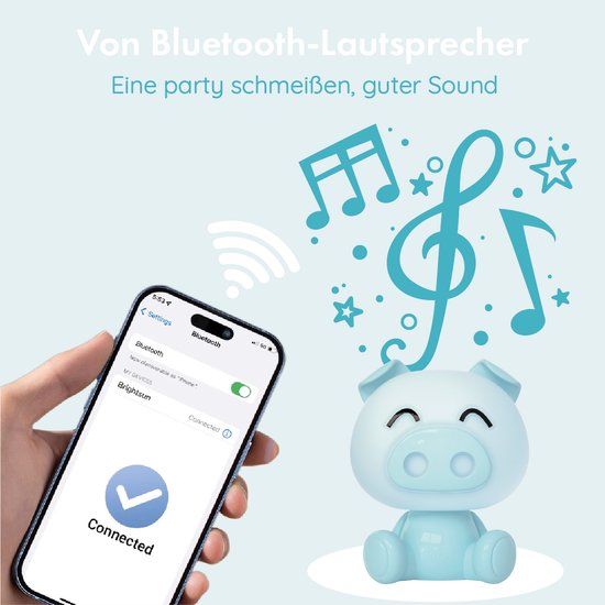 Luxus Nachtlamp Kinderkamer Piggy - Blauw - Nachtlampje baby - Voor kinderen - Slaapkamer - 7 kleuren licht - RGB - Bluetooth speaker - Draadloos - Oplaadbaar van Merkloos — afbeelding 4