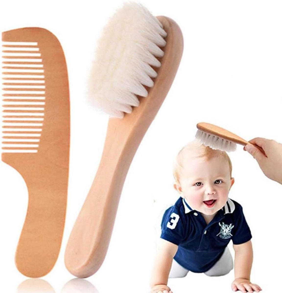 Babykam 2 stuks - natuurlijk hout - zachte geitenharen - ideaal voor baby's en peuters - ShopVlot