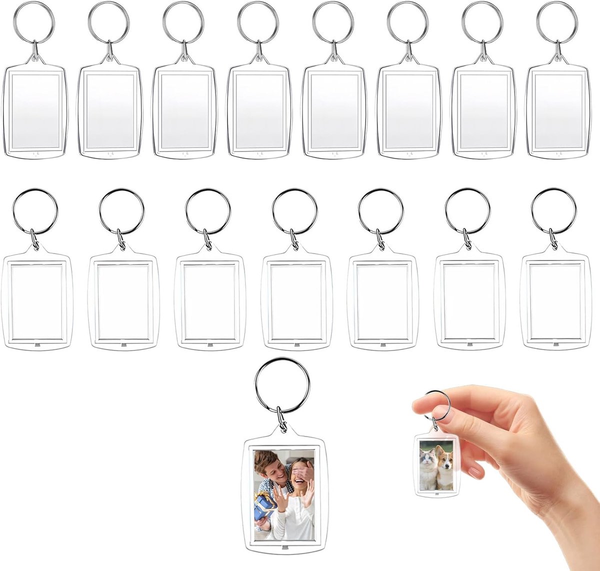 Foto sleutelhangers 16 stuks - dubbelzijdig acryl - transparant - personaliseerbaar voor foto's en notities - ShopVlot