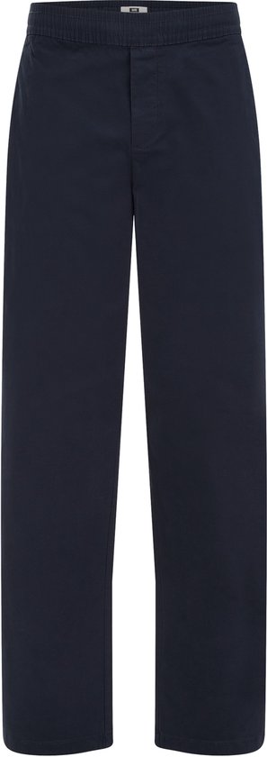 Donkerblauwe chino met elastische tailleband, recht model.