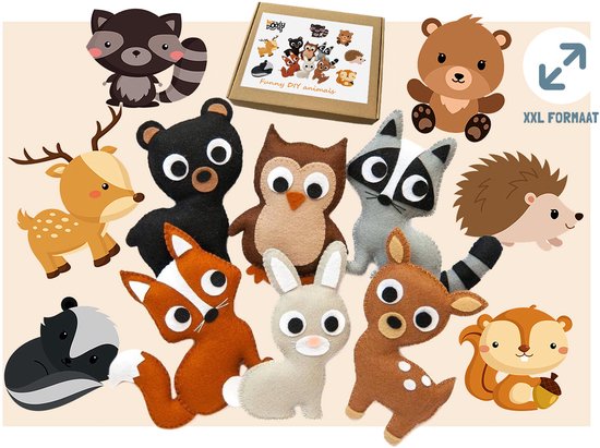 Knutselset met 10 bosdieren van vilt: wasbeer, eekhoorn, egel, vos, uil, hert, konijn, beer, das en een puppy. De verpakking toont 'Funny DIY animals' en 'XXL FORMAAT'.
