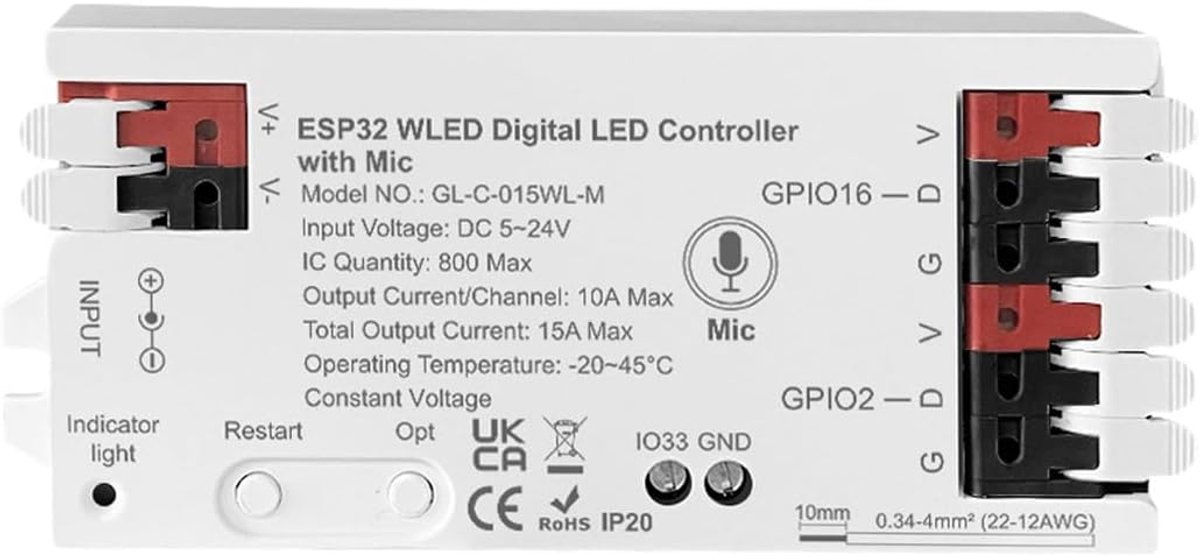 WLED Strip Controller met Microfoon - RGB+IC Intelligent - 100+ DIY Lichteffecten - Voor slimme verlichting - ShopVlot