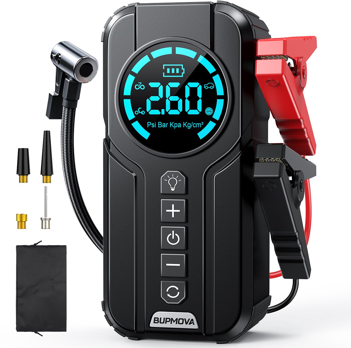 BUPMOVA 12V Jumpstarter voor Auto & Motor met Compressor - 8000A / 21800 mAh Starthulp met Luchtcompressor-Powerbank-LED Zaklamp en SOS Noodlicht - Bandenpomp