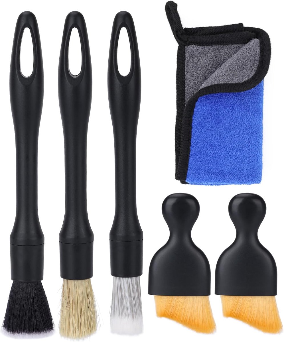 Auto detailingborstelset 6 delig - Krasvrije borstels en microvezeldoek - Voor interieur en exterieur - ShopVlot
