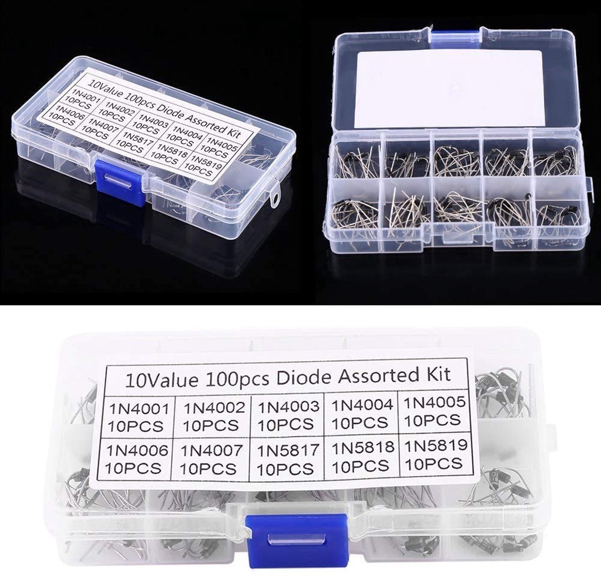 Diode assortiment 100pcs - 10 waarden 1N4001~1N4007 en 1N5817~1N5819 - met opbergdoos - ShopVlot