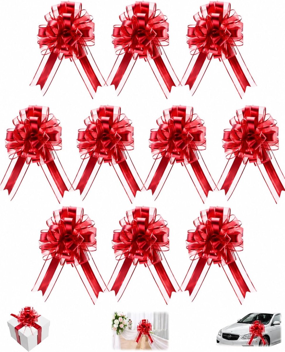 Grote rode geschenkstrikken 22 x 18 cm - 10 stuks met lange bolduc - opvallende strikken voor cadeauverpakking - ShopVlot
