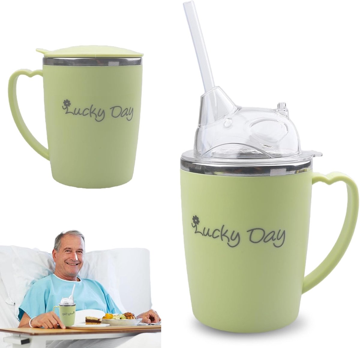Senioren Drinkbeker 350ml - Lekvrije RVS Beker - Inclusief 30cm Rietje - Veilig en handig voor ouderen - ShopVlot