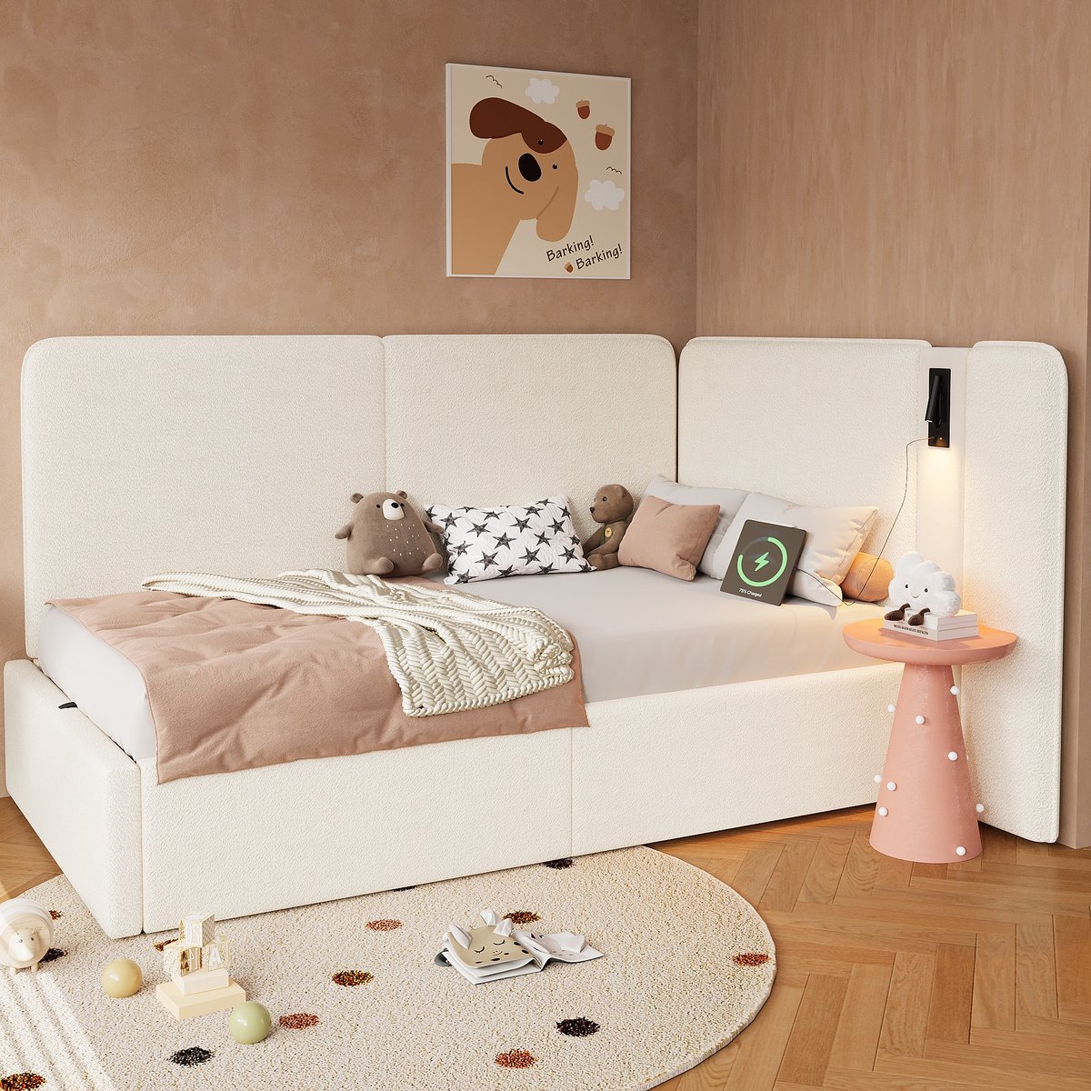 VVBV Bedbank 90x200 cm - Hydraulische Opbergruimte, USB & Type-C, Opbergtrap, LED-Verlichting - Beige, Bouclé