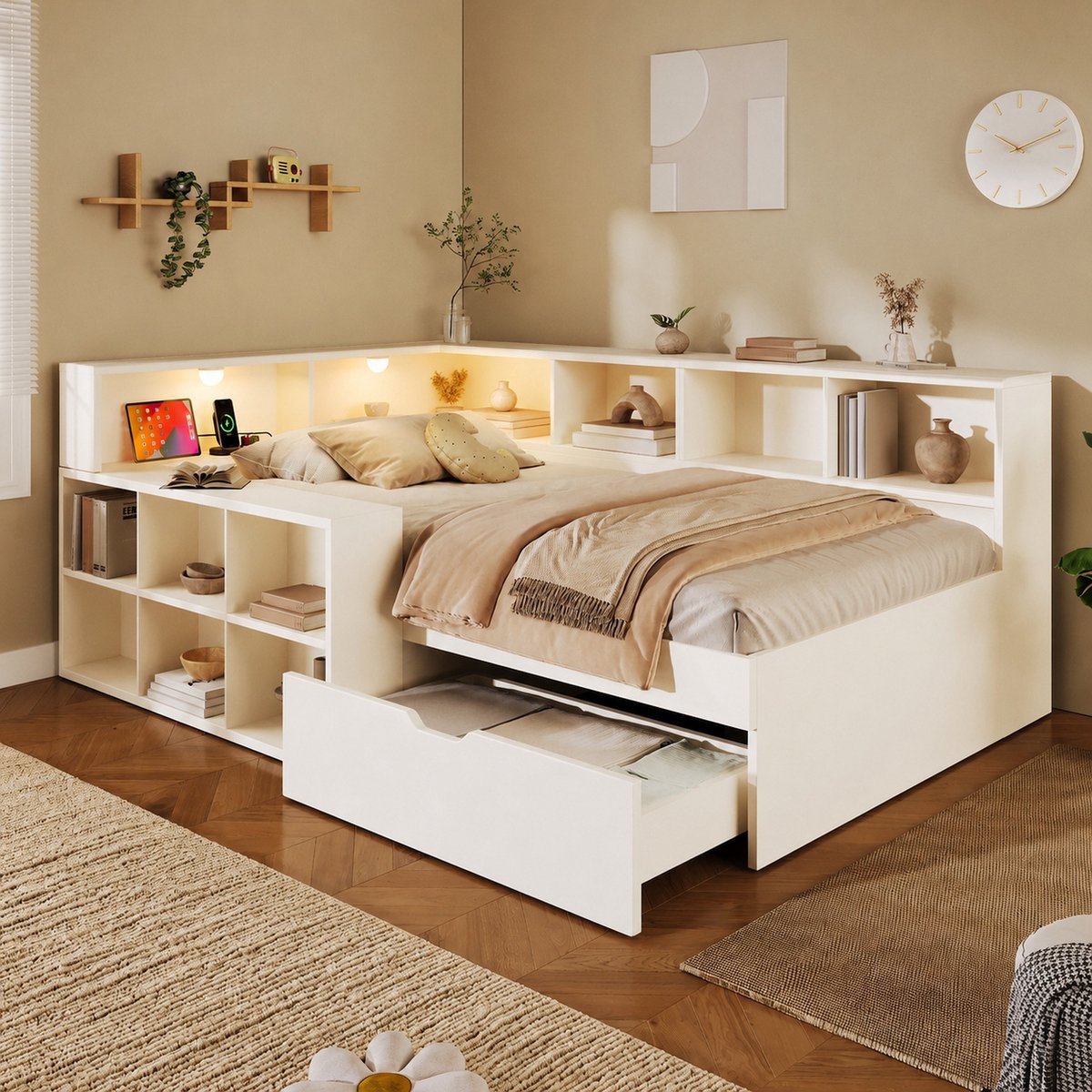 VVBV Bedbank 90x200 cm - USB & Type-C, Leeslamp, Opbergruimte, Met Lades - Wit, Hout
