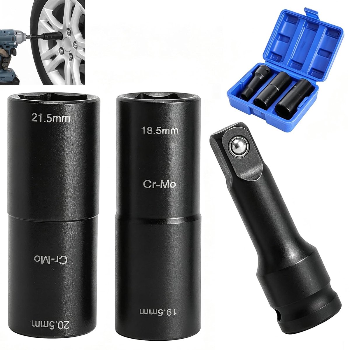 Wielmoermoerset 3-delig 18,5 mm - dubbele kop - slagmoer - ideaal voor Ford en Land Rover - ShopVlot