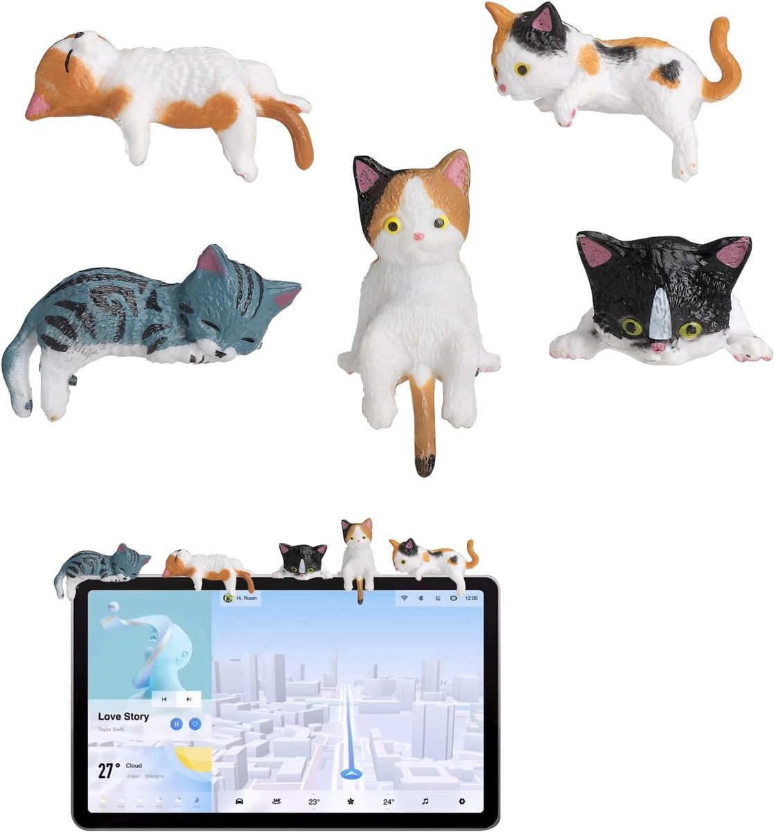 Mini kattenfiguren set van 5 - Hars - Zelfklevend - Decoratie voor dashboard en bureau - ShopVlot