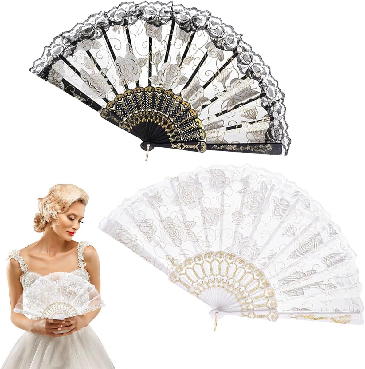 Vouwfan met rozenprint - zwart en wit - elegante kantafwerking - ideaal voor bruiloften - ShopVlot