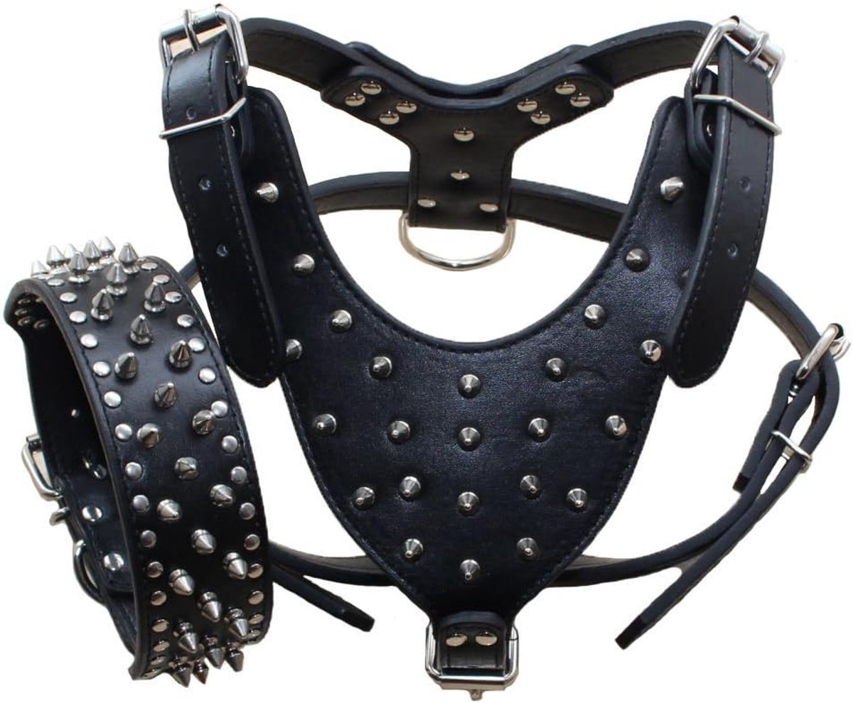Halsband & Harnas Set voor Honden - Spikes & Studs - PU Leer - Comfortabel en Stevig - ShopVlot