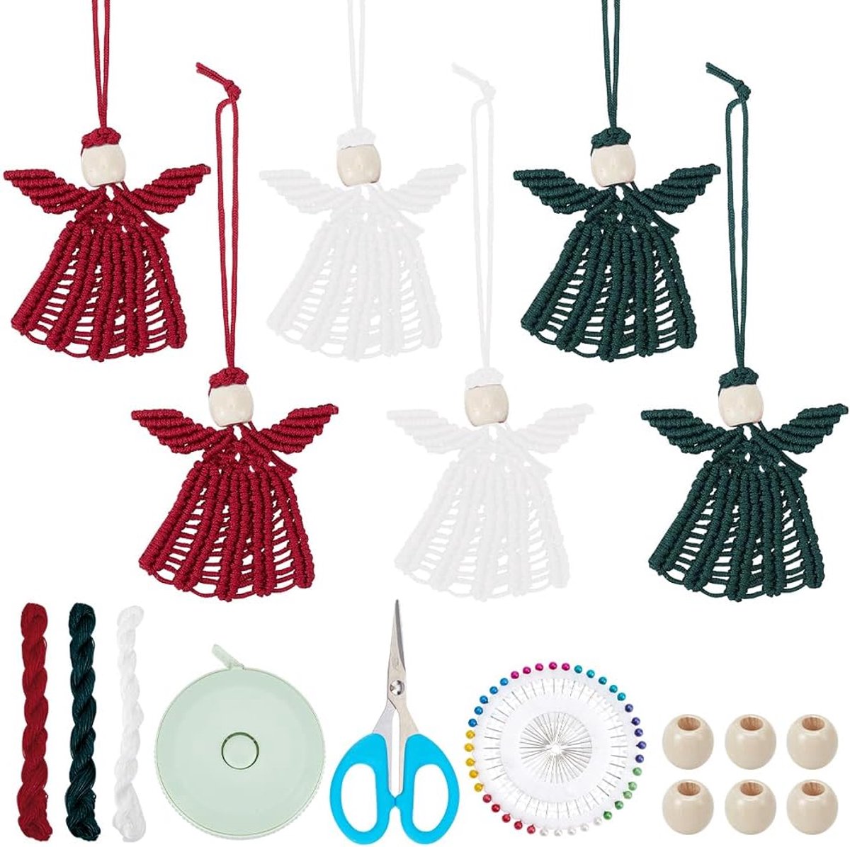 DIY macrame engelset - 6 kleine handgemaakte engelen - boho sleutelhanger kit - leuke decoratie voor binnen - ShopVlot