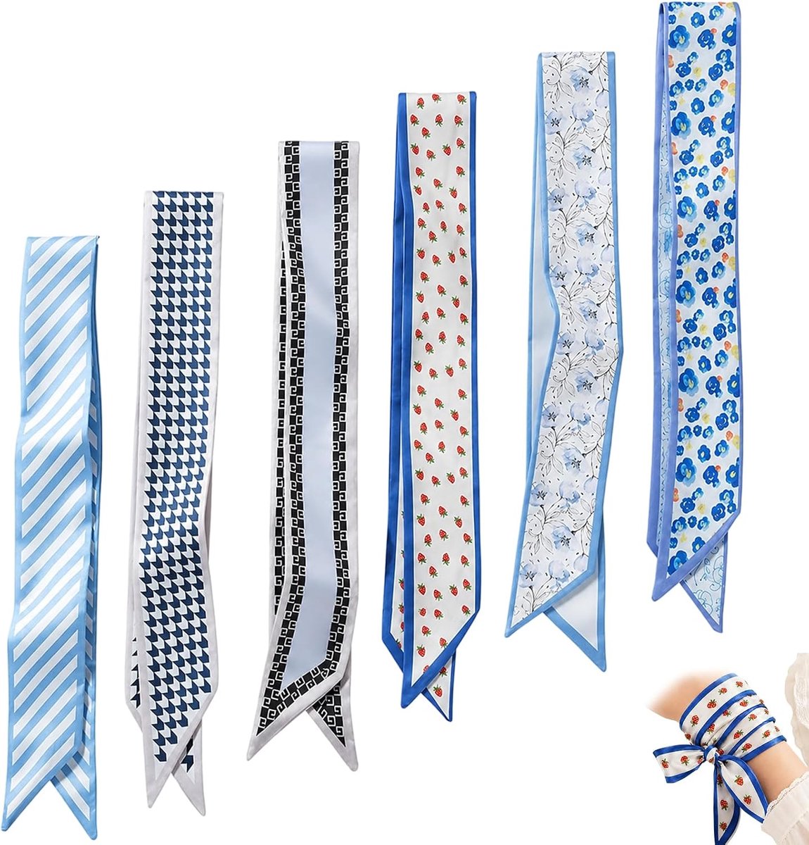 Sjaaltjes voor handtassen 6 stuks - blauw bloemenpatroon - zacht polyester - ideaal voor accentueren - ShopVlot