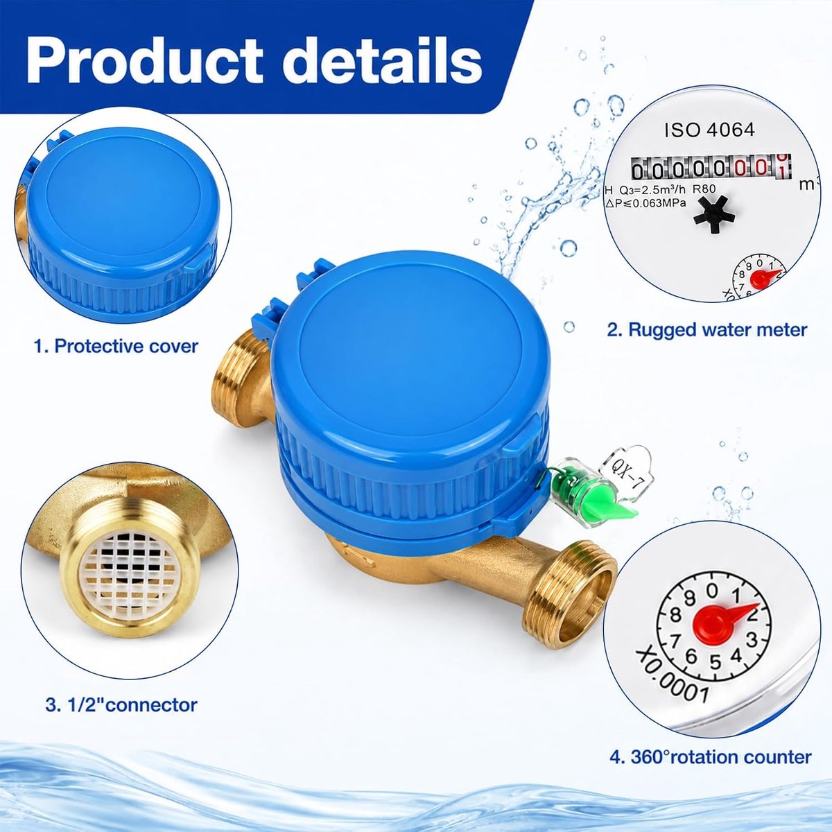 Watermeter tuin 1/2 inch - messing aansluiting - gekalibreerd - nauwkeurige watermeting - ShopVlot