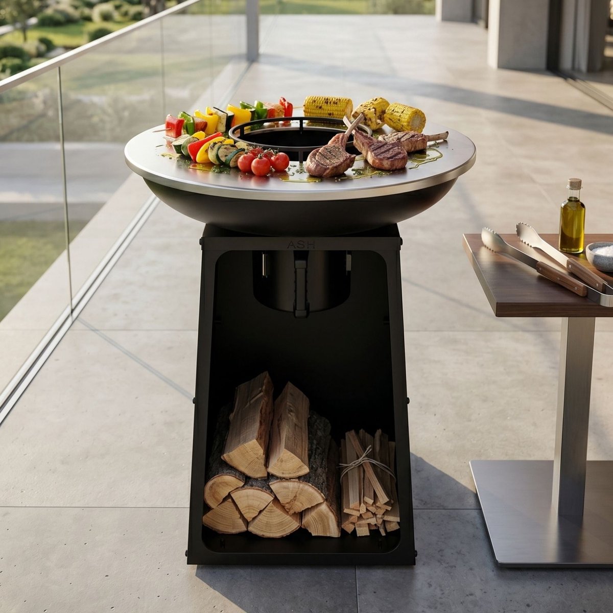 ASH Grill & Heat Vulcan L - Plancha BBQ - Zwart staal - Inclusief wokverhoger - Uitneembare ASH aslade