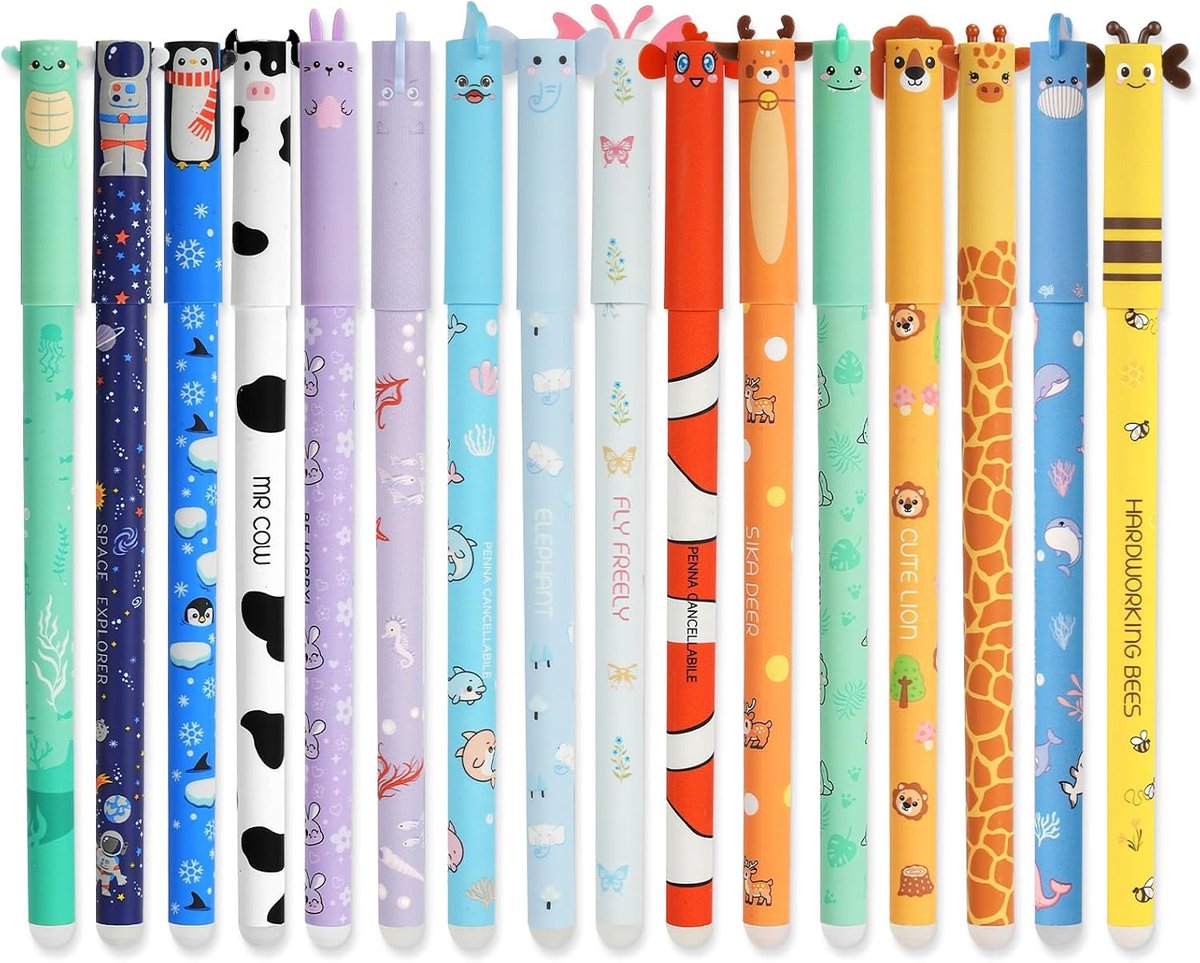Erasable gelpennen set 16 stuks - 0.8 mm punt - schattige dierontwerpen - perfect voor school en kantoor - ShopVlot