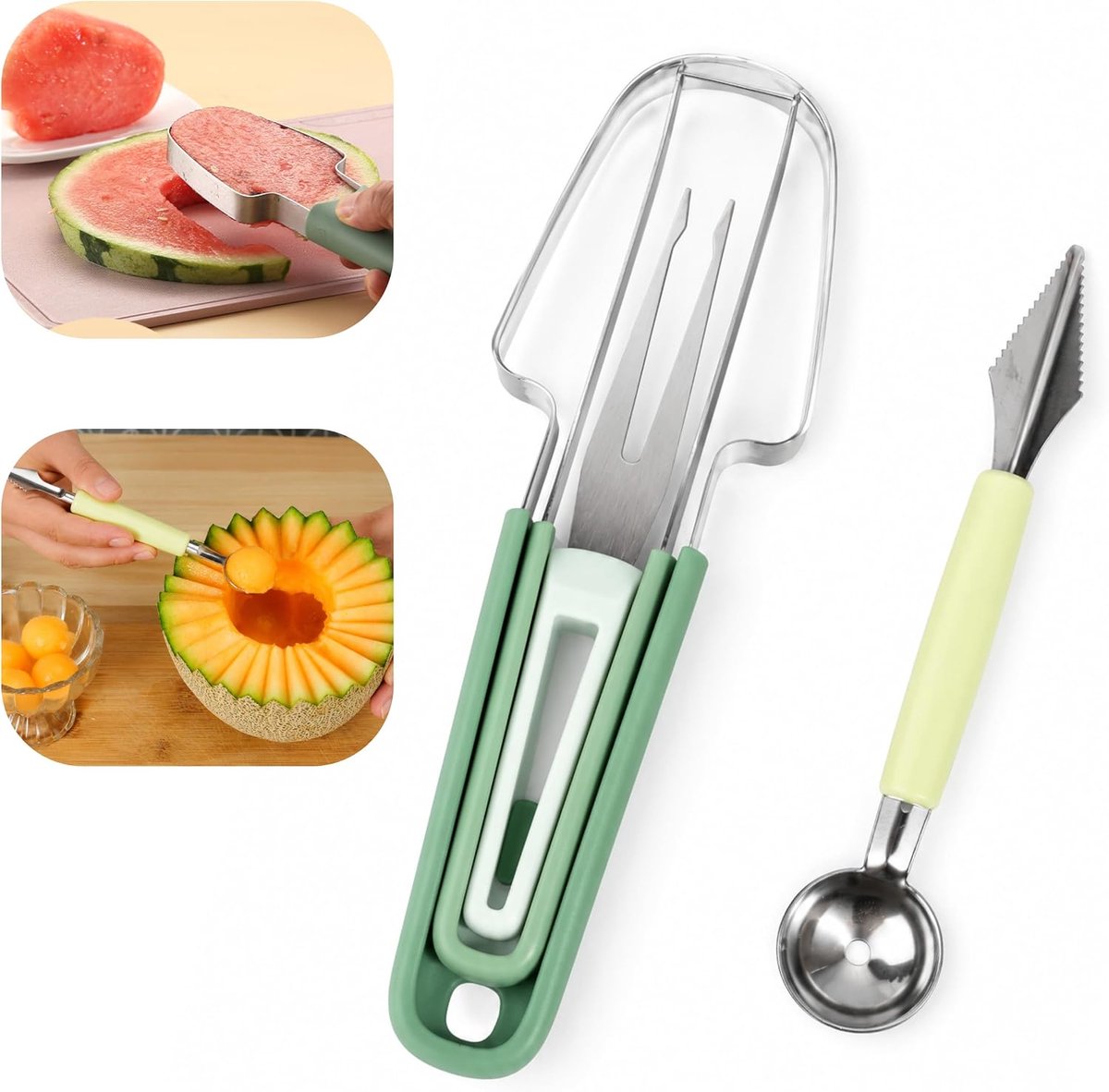 Meloen snijder 3 in 1 set - roestvrij staal - met bolsnijder - ideaal voor fruit salade - ShopVlot