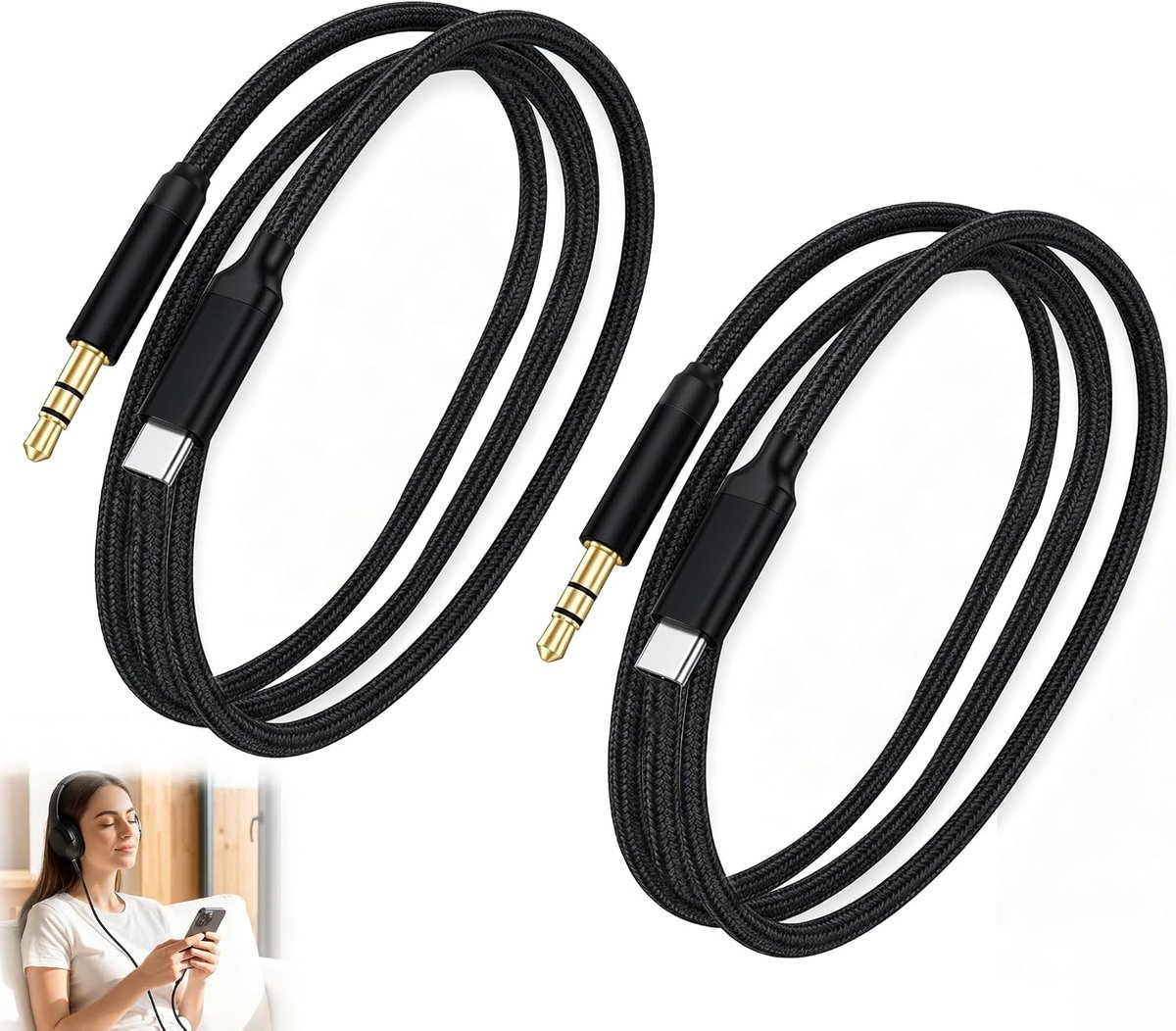 Aux-kabel 1 m - type C naar 3,5 mm jack - 2 stuks - ideaal voor auto en bureau - ShopVlot
