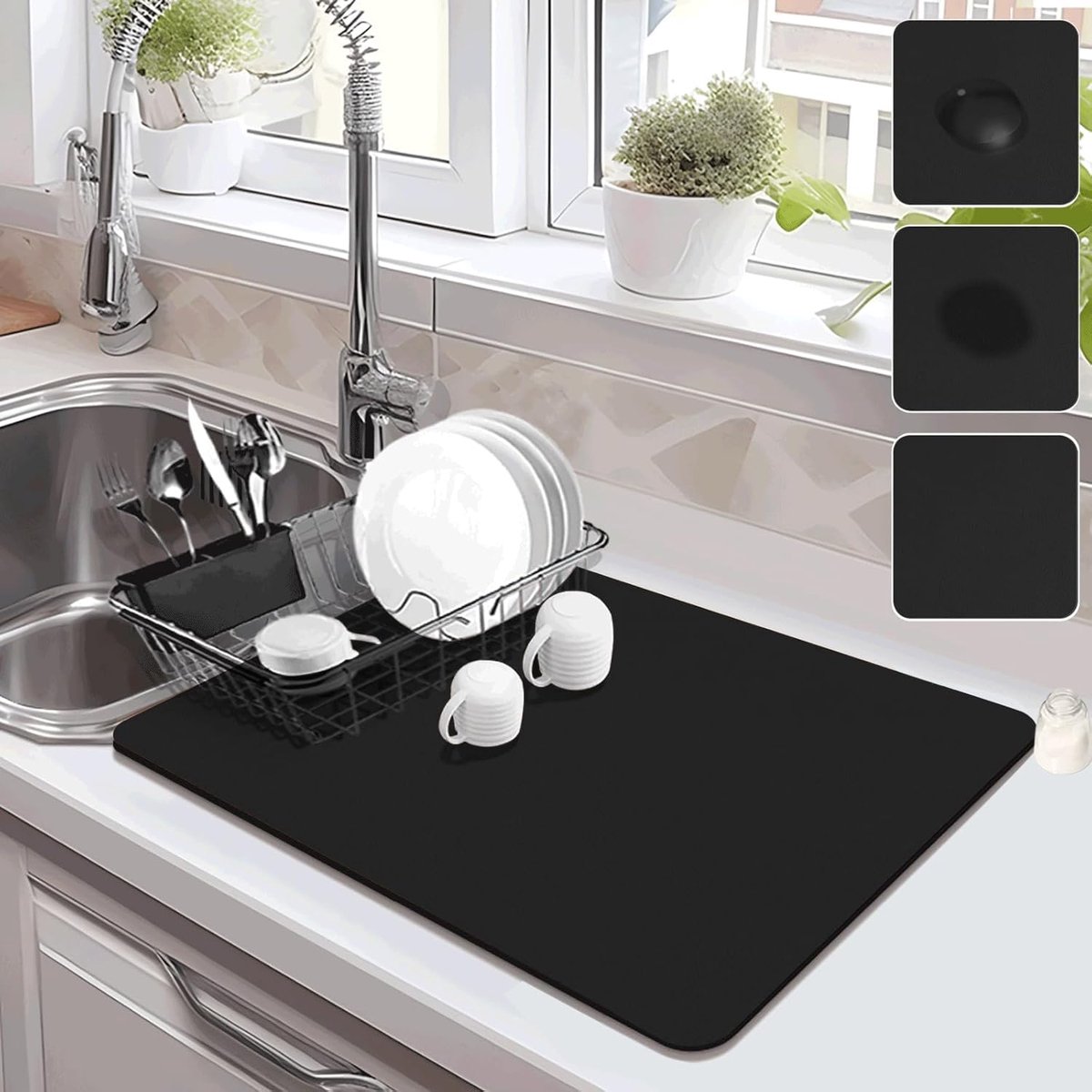 Afvoermat 50 x 60 cm - Zwarte silicone - Super absorberend - Voor afwas en koffiezetapparaat - SnelShoppen